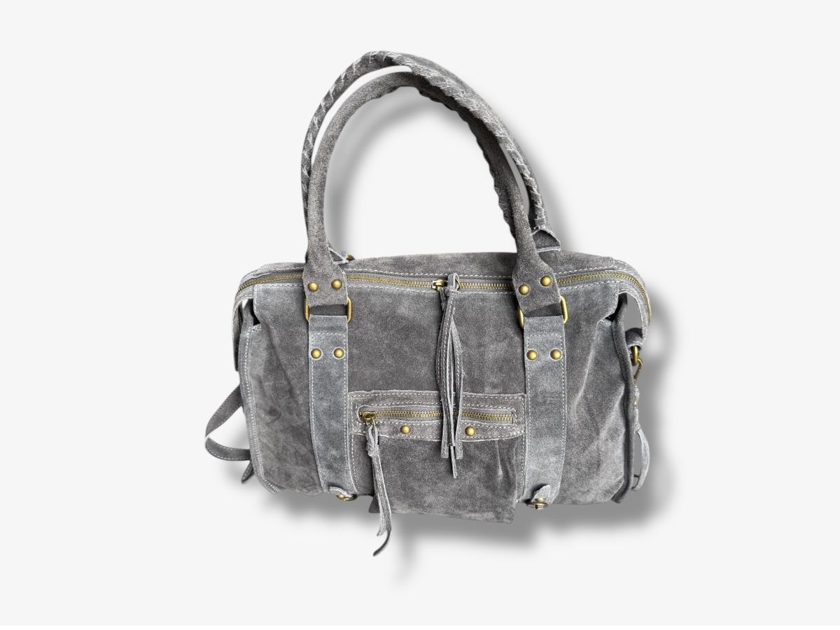 Grote suède leren laptoptas grijs 42x32cm