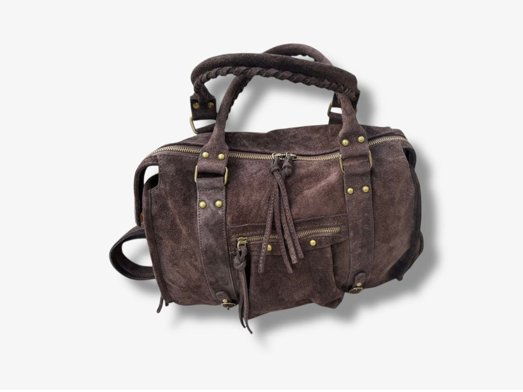 Grote suède leren laptoptas chocoladebruin 42x32cm