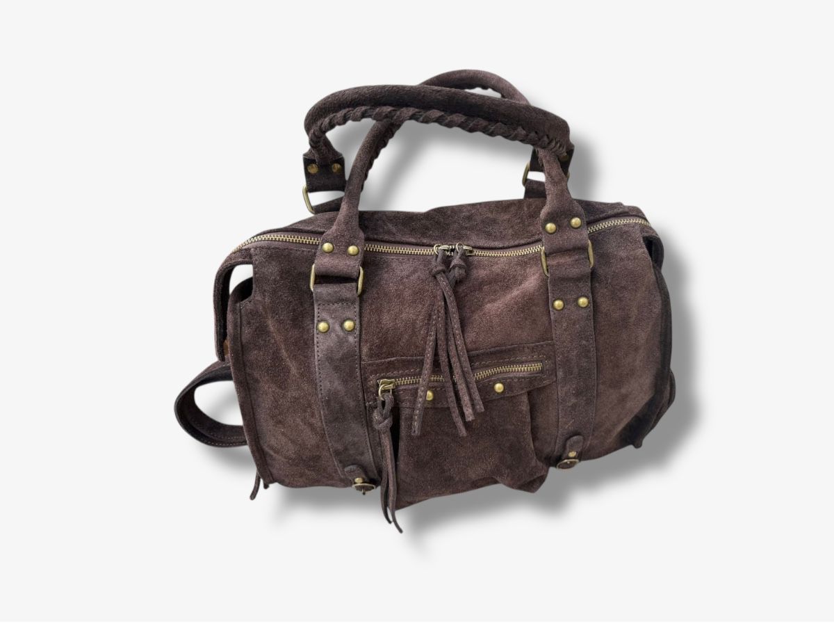 Grote suède leren laptoptas chocoladebruin 42x32cm